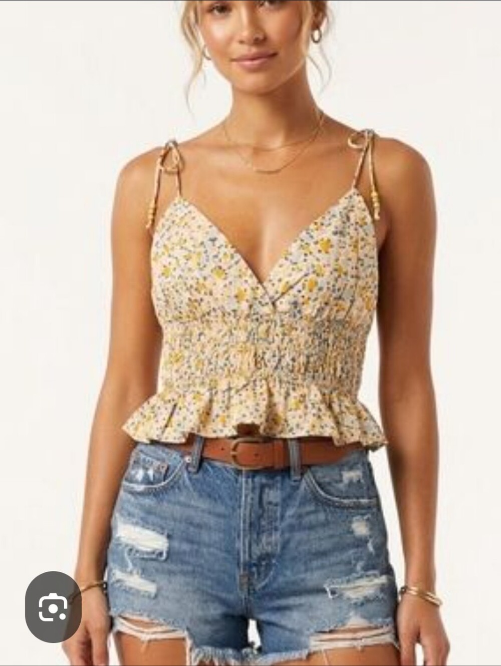 Yellow Floral Smocked Ruffle Cami with Tie Straps